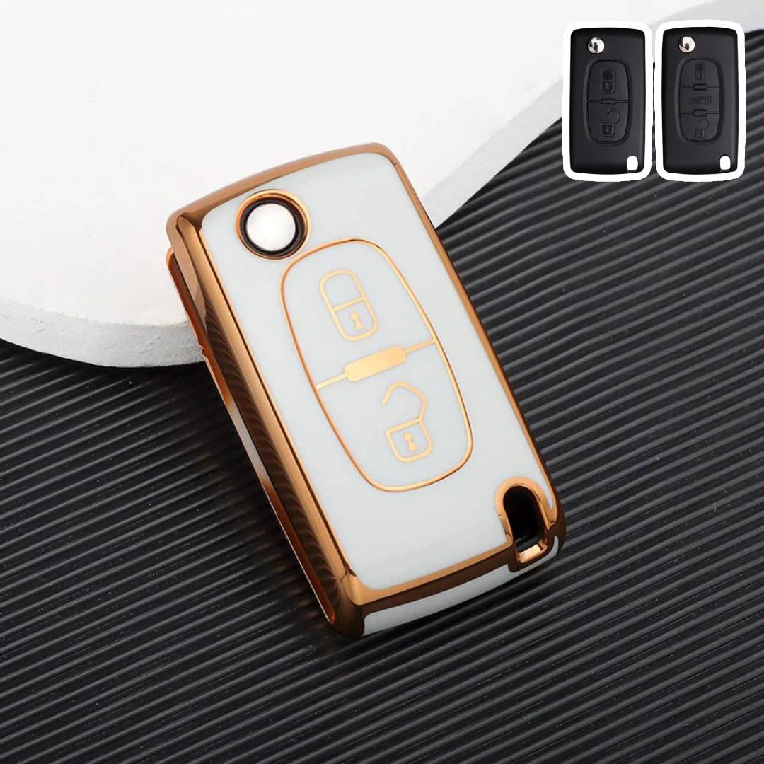 Étui pour clé de voiture Citroën Peugeot à bords dorés