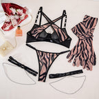 Carsine Leopard Print Metal Chain Sexy Lingerie 4-Piece Set with Gloves and Leg Rings G string Thong Pink / S