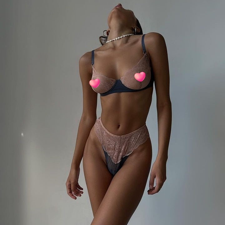 Colorblock lace mesh sexy lingerie two-piece set G string Thong