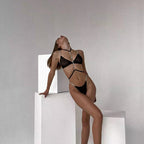 Carsine Metal chain bra thong sexy lingerie three piece set G string Thong Black / S