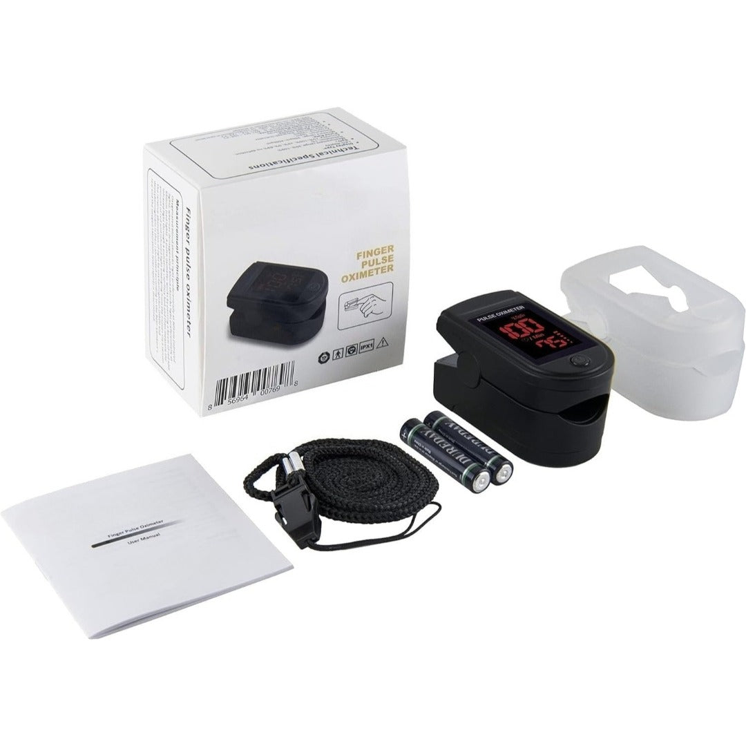 Carsine Fingertip Pulse Oximeter Blood Oxygen Saturation Monitor with Silicone Cover, Batteries and Lanyard Black