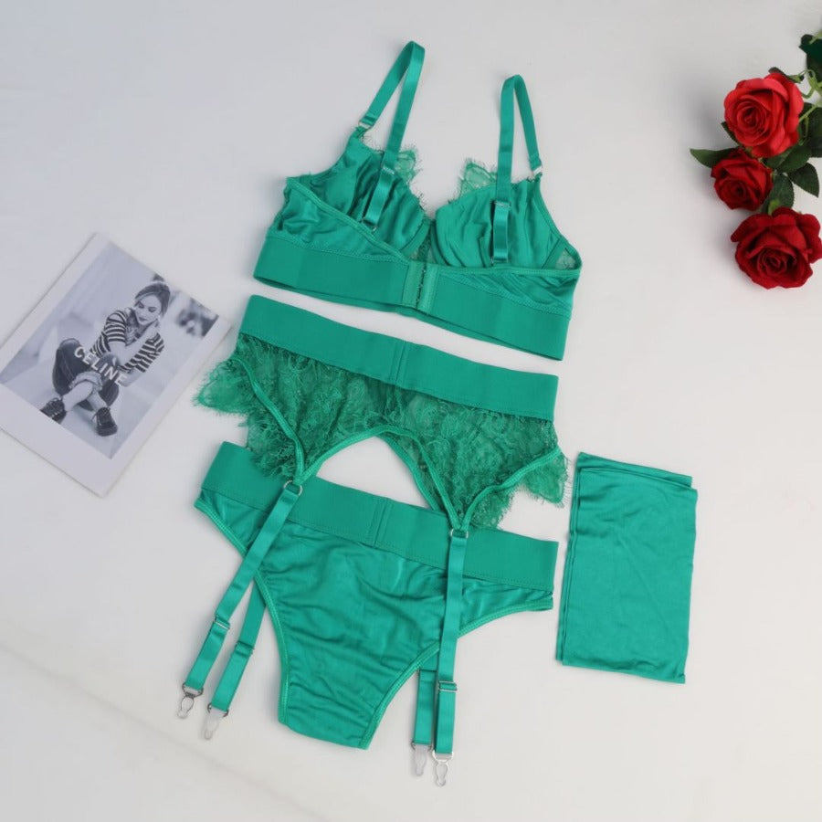 Carsine Sexy Lingerie Eyelash Lace Garter Strap 4-Piece Set Green / S
