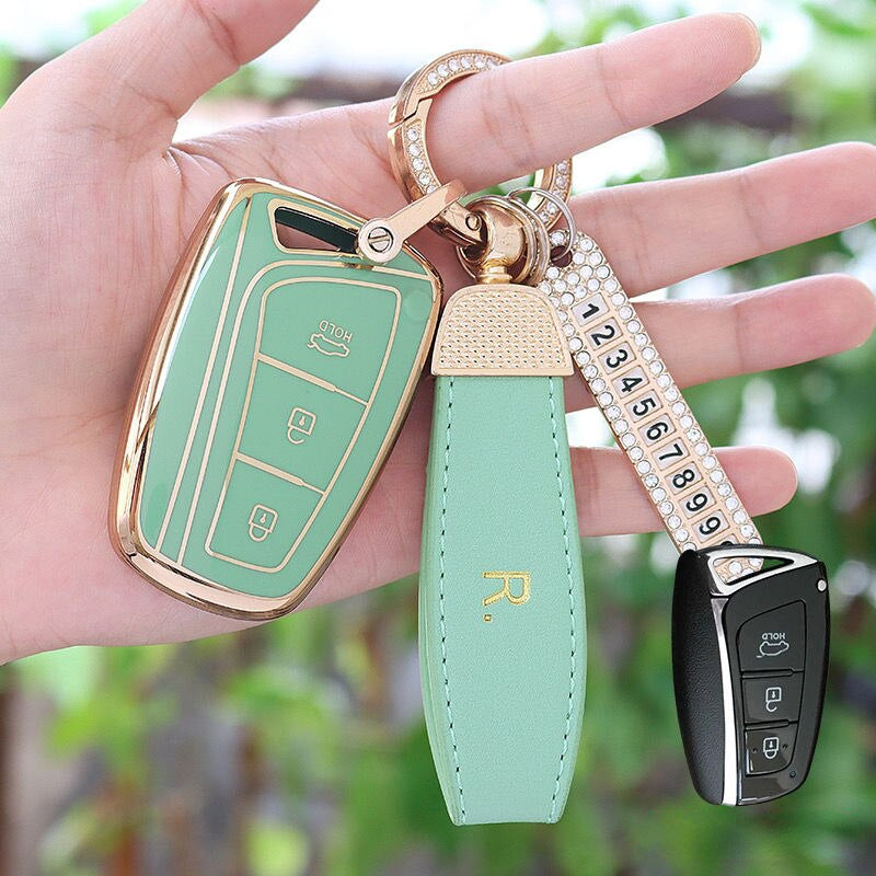 Carsine Hyundai Car Key Case Golden Edge Green / Key case + R strap