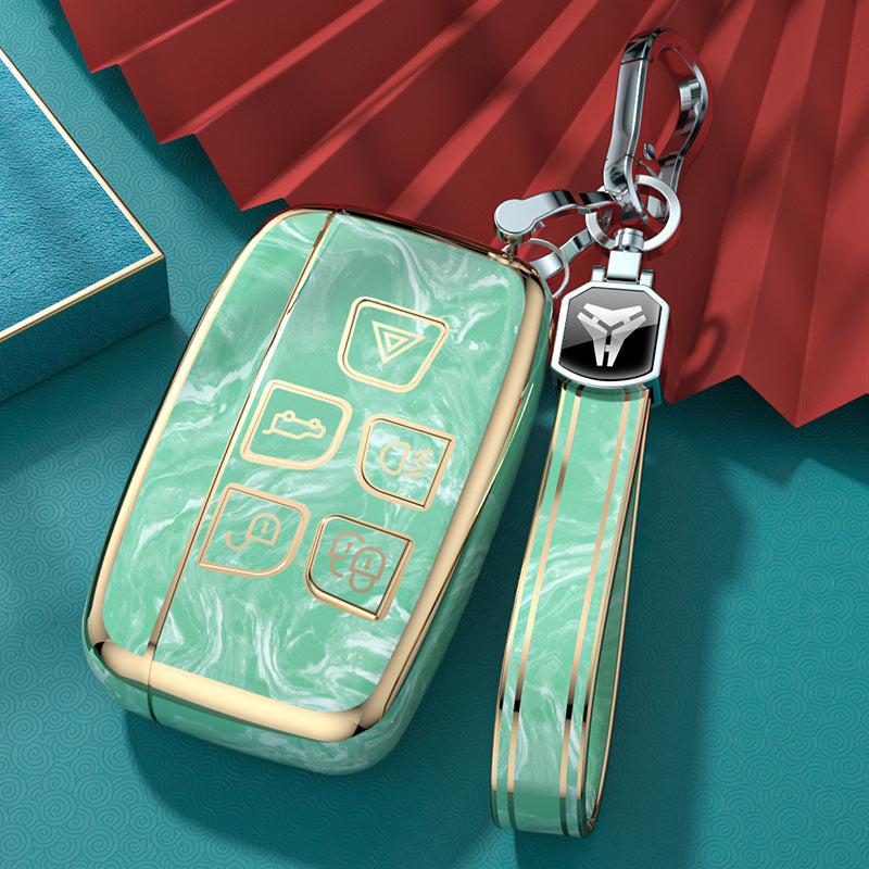 Carsine Land Rover Jaguar Car Key Case Gold Inlaid With Jade Green / Key case + strap