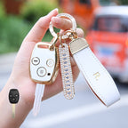 Carsine Honda Car Key Case Golden Edge 3 Buttons / White / Key case + strap